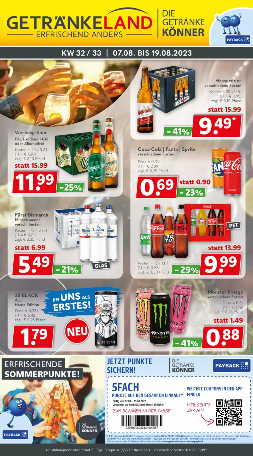 Aktueller Prospekt Getraenkeland - von 07.08 bis 19.08.2023 - strona 1 - produkty: aktionspreis, alkohol, Alwa, bestpreis, bestpreise, bier, bismarck, coca-cola, cola, coupon, coupons, eis, fanta, getränk, getränke, hasseröder, mineralwasser, payback, pils, reis, sprite, Ti, wasser