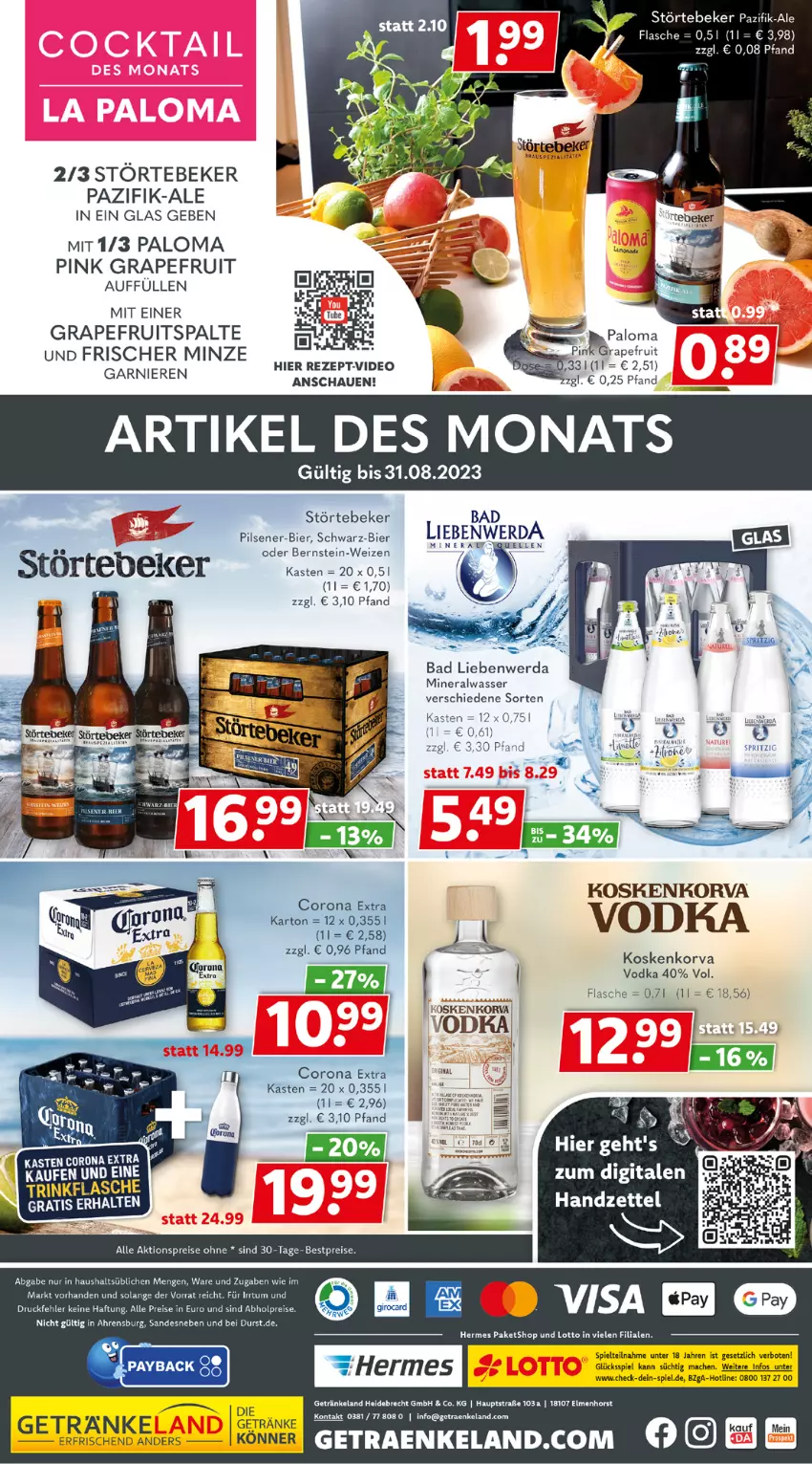 Aktueller Prospekt Getraenkeland - von 07.08 bis 19.08.2023 - strona 8 - produkty: abholpreise, aktionspreis, Alwa, Bad, Bad Liebenwerda, bestpreis, bestpreise, bier, corona, corona extra, deo, eier, eis, Elan, flasche, garnier, getränk, getränke, grapefruit, mac, mineralwasser, minze, pils, pilsener, reis, rezept, störtebeker, Ti, vodka, wasser