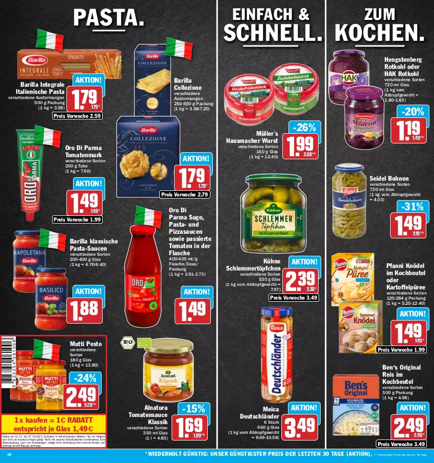 Aktueller Prospekt Aez - Prospekte - von 02.10 bis 07.10.2023 - strona 10 - produkty: barilla, beutel, bohne, bohnen, Brei, eis, flasche, gin, Hausmacher, hengstenberg, italienische pasta, kartoffel, Kartoffelpüree, Knödel, kochbeutel, Kühne, LG, mac, meica, Müller, Mutti, natur, natura, oro di parma, pasta, pasta-sauce, pesto, pfanni, pizza, püree, reis, rotkohl, sauce, saucen, schlemmertöpfchen, Sugo, Ti, tomate, tomaten, tomatenmark, tomatensauce, Töpfchen, wurst, ZTE