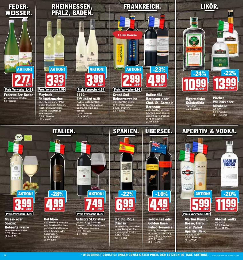 Aktueller Prospekt Aez - Prospekte - von 02.10 bis 07.10.2023 - strona 14 - produkty: Absolut Vodka, Bad, eis, elle, ente, flasche, frucht, früchte, früchten, Germ, grand sud, jägermeister, kräuter, kräuterlikör, likör, martini, maybach, Meister, pircher, rebsortenweine, reis, Ria, rioja, rwe, Ti, vodka, wein, weine, yellow tail, ZTE