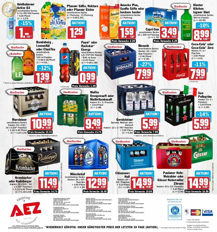 Aktueller Prospekt Aez - Prospekte - von 02.10 bis 07.10.2023 - strona 16 - produkty: adelholzener, AEZ, alkohol, amecke, Beckers Bester, Berger, bier, bio, bionade, buch, Bundaberg, Cap, capri-sun, coca-cola, cola, drucker, eis, eistee, elle, Engel, ente, fisch, flasche, Germ, gerolsteine, gerolsteiner, glasflasche, gösser, Hefe, Holz, ingwer, kerze, krombache, krombacher, mönchshof, Multivitaminsaft, natur, Nektar, orange, orangen, orangensaft, Paula, paulaner, pepsi, perla, pfanne, Pfanner, radeberger, radler, reis, rel, ring, Rockstar, rum, saft, säfte, san pellegrino, Sprudel, steiner, tee, teller, Ti, uhr, vita, warsteiner, weissbier, zitrone, ZTE