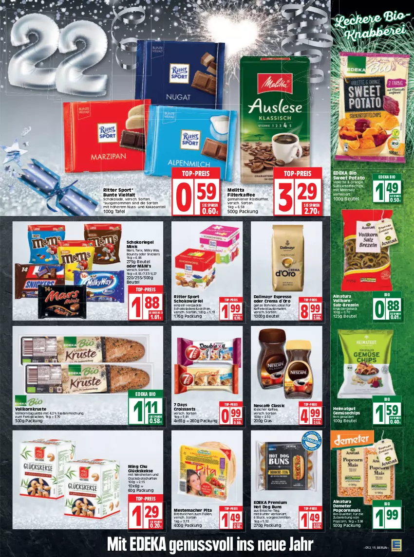 Aktueller Prospekt Edeka - Angebote der Woche - von 27.12.2021 bis 01.01.2022 - strona 15 - produkty: auto, baguette, beutel, bio, bohne, bohnen, bounty, brezel, Brezeln, brot, butter, chips, Croissant, croissants, dallmayr, deka, edeka bio, eis, espresso, espresso oder, filterkaffee, hot dog, Hot Dog Buns, kaffee, kaffeevollautomat, kaffeevollautomaten, kakao, kartoffel, kartoffelchips, keks, kekse, korn, löslicher kaffee, mac, mais, mars, meersalz, melitta, mestemacher, milky way, natur, natura, Nescafé, nuss, orange, popcorn, reis, riegel, ritter, ritter sport, röstkaffee, salz, schnitten, schoko, schokolade, schokoladen, schokoriegel, schokowürfel, snickers, Sport, Tasche, taschen, Ti, tomate, tomaten, top-preis, twix, vollautomaten, würfel