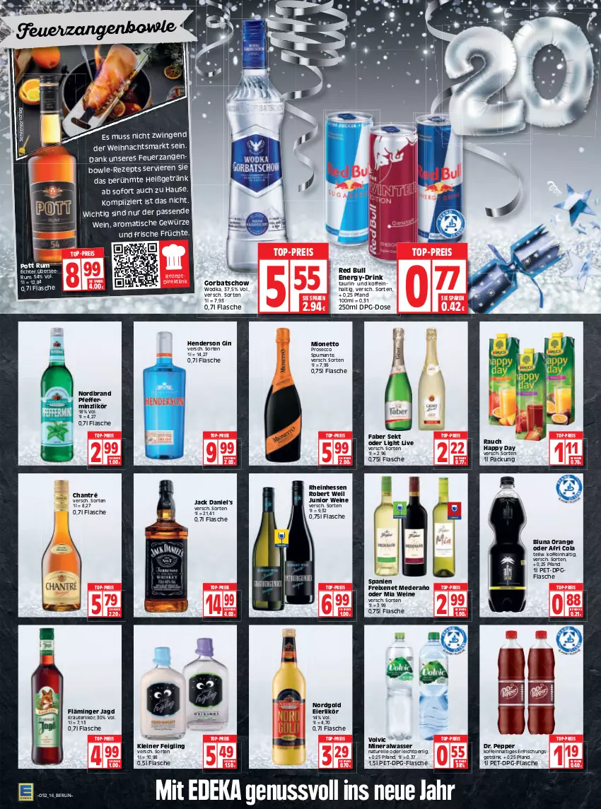 Aktueller Prospekt Edeka - Angebote der Woche - von 27.12.2021 bis 01.01.2022 - strona 16 - produkty: Afri Cola, Alwa, bowle, chantré, cola, deka, drink, ecco, eier, eierlikör, eis, elle, enders, erfrischungsgetränk, flasche, freixenet, früchte, getränk, gewürz, gin, Gorbatschow, gorbatschow wodka, Happy Day, jack daniel, kleiner feigling, kräuter, kräuterlikör, leine, likör, mineralwasser, mionetto, natur, nordbrand, nuss, orange, pfeffer, pfefferminzlikör, prosecco, puma, Rauch, red bull, reis, rel, rezept, rum, sekt, spumante, Ti, tisch, top-preis, volvic, wasser, wein, weine, wodka, Zangen