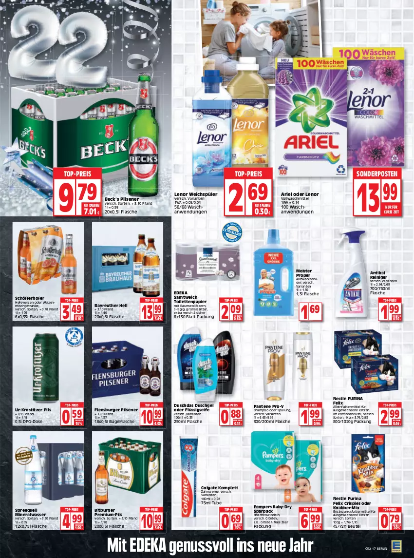 Aktueller Prospekt Edeka - Angebote der Woche - von 27.12.2021 bis 01.01.2022 - strona 17 - produkty: alleinfuttermittel, allzweckreiniger, Alwa, ariel, baby-dry, Bau, beutel, bitburger, bügel, bügelflasche, burger, colgate, creme, deka, duschdas, duschgel, eis, felix, flasche, flensburger, flüssigseife, getränk, getränke, Hefe, hefeweizen, lenor, lenor weichspüler, LG, Meister, meister proper, mineralwasser, nestlé, nuss, pampers, pantene, pantene pro-v, papier, pils, pilsener, portionsbeutel, pro-v, purina, reiniger, reis, Ria, schöfferhofer, Seife, shampoo, shampoo oder spülung, sonderposten, Spreequell, spülung, Ti, toilettenpapier, top-preis, vollwaschmittel, waschmittel, wasser, weck, weichspüler, windeln, zahncreme