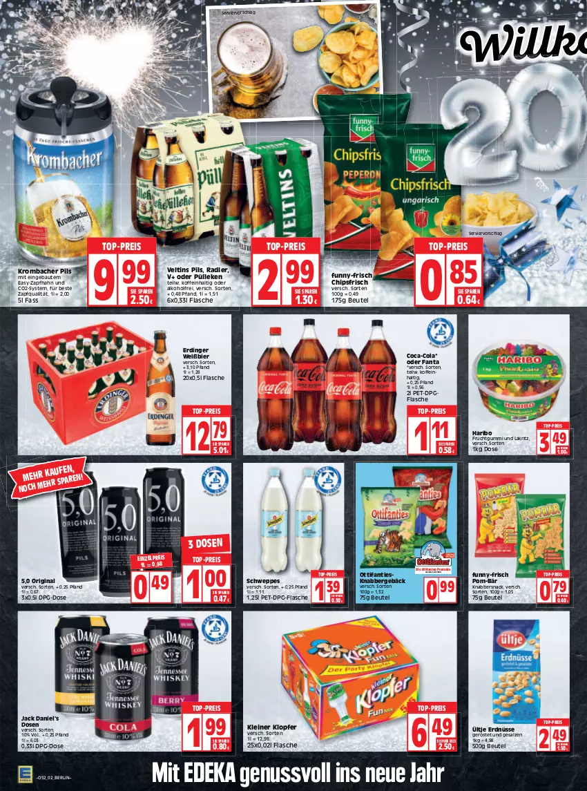 Aktueller Prospekt Edeka - Angebote der Woche - von 27.12.2021 bis 01.01.2022 - strona 2 - produkty: alkohol, Bau, beutel, bier, chips, chipsfrisch, coca-cola, cola, deka, eis, erdinger, erdnüsse, fanta, flasche, frucht, fruchtgummi, funny-frisch, gin, haribo, jack daniel, kleiner klopfer, KnabberSnack, krombache, krombacher, krombacher pils, Lakritz, leine, nuss, pils, pom-bär, radler, reis, salz, schweppes, snack, Ti, top-preis, ültje, ültje erdnüsse, veltins