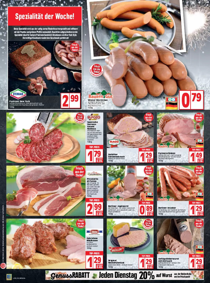 Aktueller Prospekt Edeka - Angebote der Woche - von 27.12.2021 bis 01.01.2022 - strona 6 - produkty: Abtei, Astra, aufschnitt, axe, Bau, berliner, braten, buch, eis, elle, farmerschinken, Geflügel, gewürz, gin, Haxe, heidefrühstück, Holz, honig, HP, jagdwurst, knacker, krone, leberwurst, mac, Mantel, Mett, mit paprika, natur, nuss, Ofen, paprika, pastrami, pfeffer, prosciutto, Prosciutto di Parma, Rauch, reis, rind, rinder, saft, salami, sandwich, schinken, schnitten, schwein, schweine, Schweinebauch, serrano, Spezi, Ti, tisch, top-preis, wein, weine, wiener, wiener würstchen, wurst, würstchen, Yo