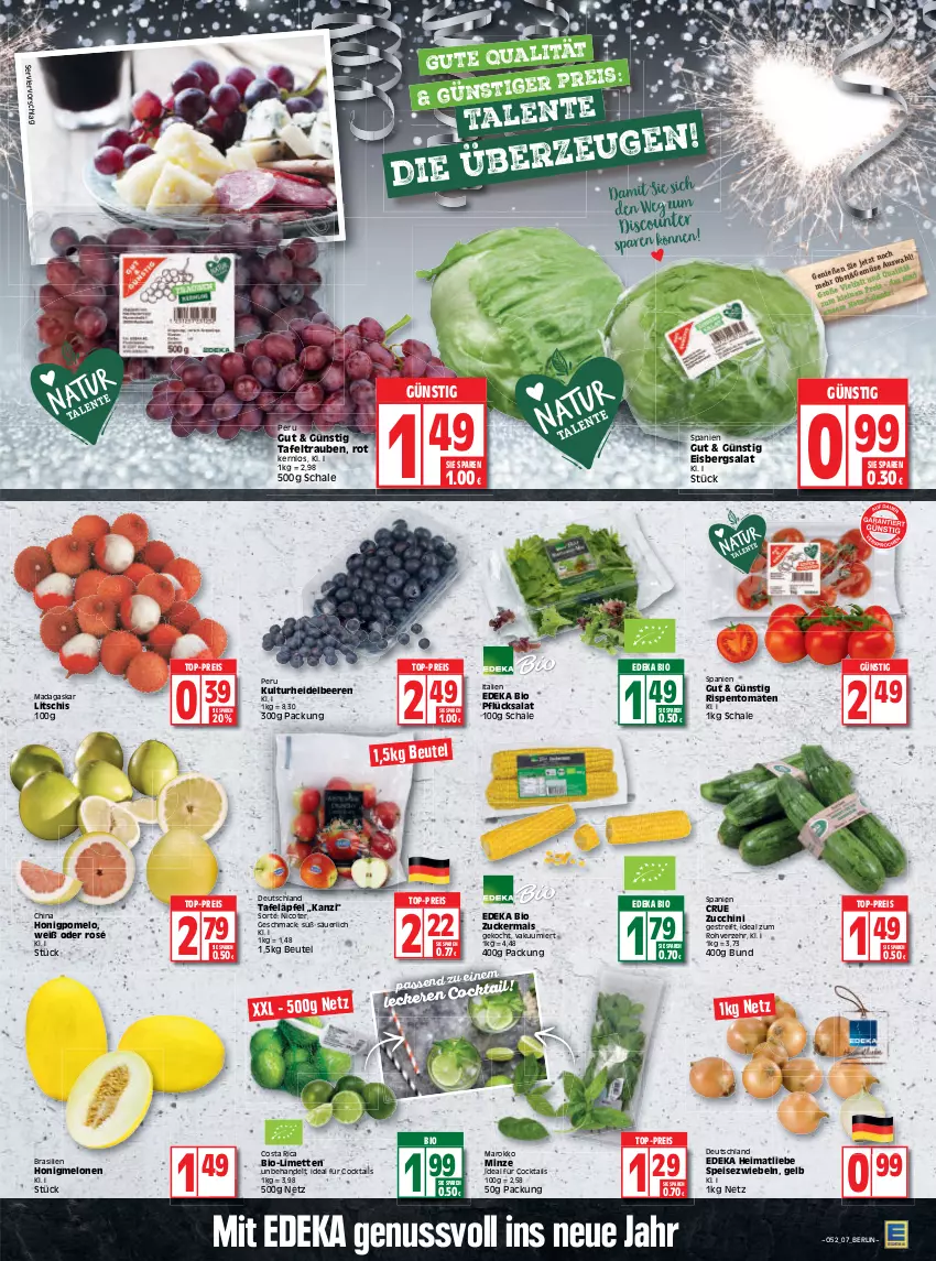 Aktueller Prospekt Edeka - Angebote der Woche - von 27.12.2021 bis 01.01.2022 - strona 7 - produkty: beere, beeren, beutel, bio, cocktail, cocktails, deka, edeka bio, eis, eisbergsalat, ente, heidelbeere, heidelbeeren, honig, honigmelone, honigmelonen, Honigpomelo, leine, limette, limetten, mac, mais, melone, melonen, Mett, metten, minze, natur, nuss, obst, Pomelo, reis, rispentomaten, salat, Schal, Schale, Speisezwiebeln, tafeläpfel, tafeltrauben, Ti, tomate, tomaten, top-preis, trauben, zucchini, zucker, zuckermais, zwiebel, zwiebeln