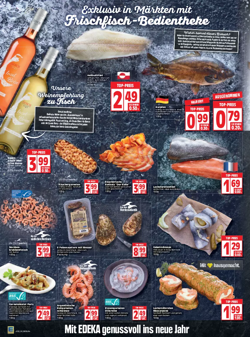 Aktueller Prospekt Edeka - Angebote der Woche - von 27.12.2021 bis 01.01.2022 - strona 8 - produkty: auer, aust, Austern, Bad, bier, braten, butter, creme, cuvée, de blancs, deka, eis, elle, essig, filet, fisch, fische, flasche, fleisch, forelle, frischfisch, gabel, garnelen, gewürz, Gewürzgurke, gurke, Heilbuttfilet, Heu, Holz, ideal zum braten, joghur, joghurt, lachs, mac, marinade, mascarpone, Maus, messer, Nordsee, nuss, petersilie, Portemonnaie, Rauch, Räucherlachs, reis, rel, riesengarnelen, rollbraten, saft, salat, salz, sauce, schnitten, Sport, südwest, Sylter, Ti, Tiere, tomate, tomaten, top-preis, wein, weinbrand, weine