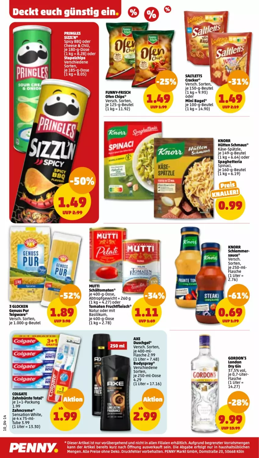 Aktueller Prospekt Penny - Prospekte - von 27.02 bis 04.03.2023 - strona 10 - produkty: axe, axe duschgel, Bagel, basilikum, beutel, body, bodyspray, bürste, chips, colgate, cracker, creme, duschgel, eis, flasche, fleisch, frucht, fruchtfleisch, funny-frisch, gin, gordon, Gordon’s, Käse, knorr, LG, Maus, Mutti, natur, nuss, Ofen, Ria, saltletts, sauce, Ti, tomate, tomaten, zahnbürste, zahncreme