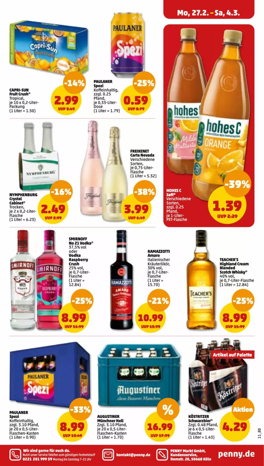 Aktueller Prospekt Penny - Prospekte - von 27.02 bis 04.03.2023 - strona 11 - produkty: amaro, bier, blended scotch, blended scotch whisky, Cap, capri-sun, flasche, flaschen-kasten, freixenet, köstritzer, kräuter, kräuterlikör, likör, Paula, paulaner, raspberry, scotch, scotch whisky, smirnoff, Spezi, Ti, vodka, whisky