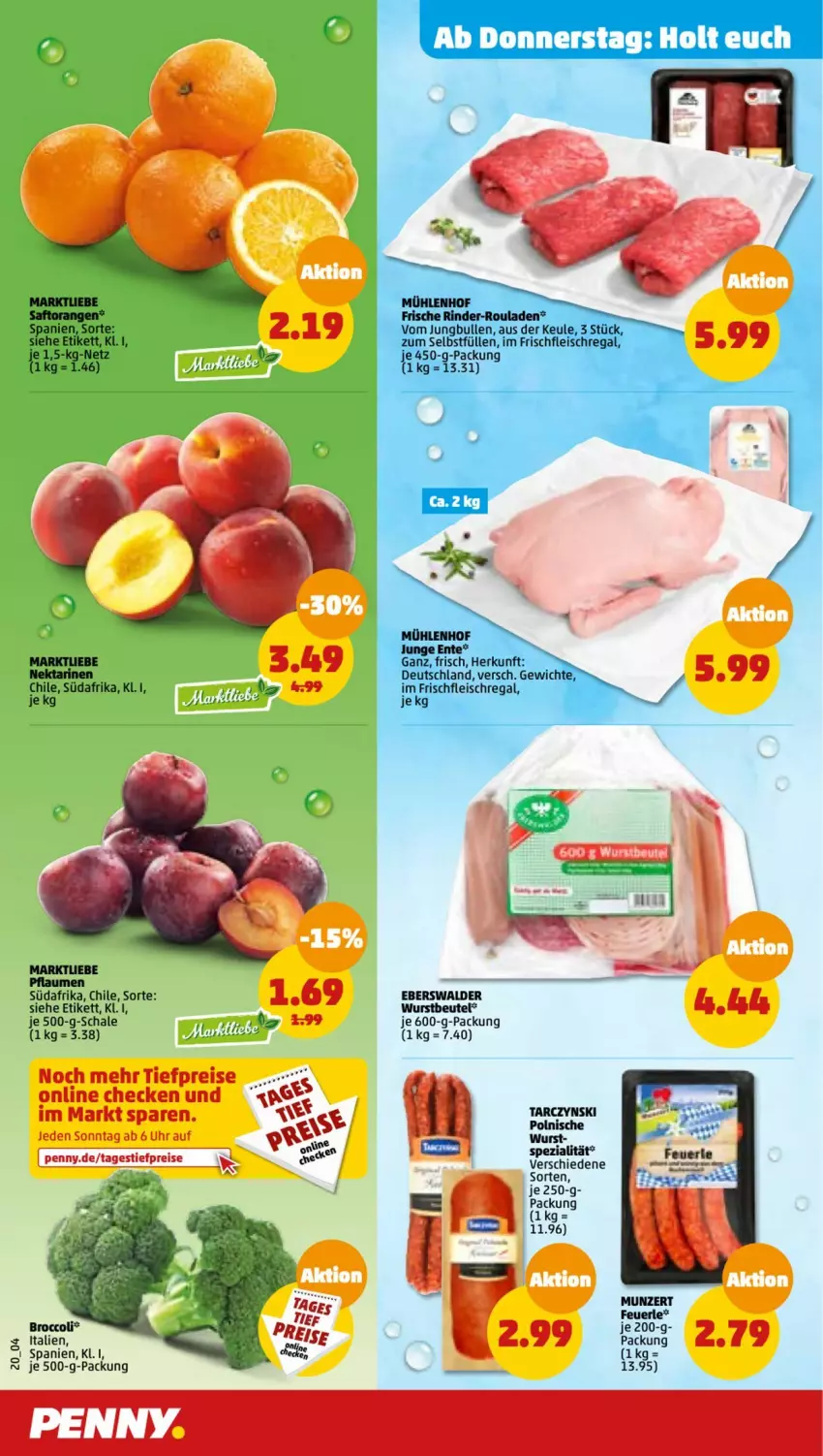 Aktueller Prospekt Penny - Prospekte - von 27.02 bis 04.03.2023 - strona 20 - produkty: beutel, broccoli, eis, ente, fleisch, jungbullen, Nektar, nektarinen, orange, orangen, pflaume, pflaumen, regal, reis, rind, rinder, rinder-rouladen, rouladen, saft, Saftorangen, Schal, Schale, Spezi, Ti, tiefpreis, uhr, wurst