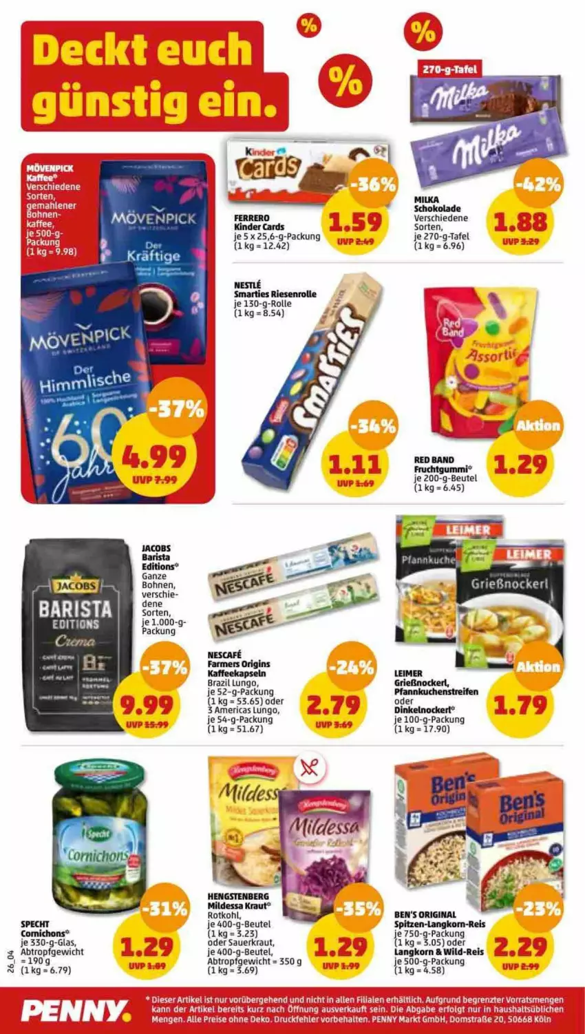 Aktueller Prospekt Penny - Prospekte - von 27.02 bis 04.03.2023 - strona 26 - produkty: auer, beutel, bohne, bohnen, eis, ferrero, frucht, fruchtgummi, gin, hengstenberg, Kinder, korn, Kraut, kuchen, LG, lungo, milka, milka schokolade, Pfannkuchen, reifen, reis, rotkohl, Sauerkraut, schoko, schokolade, smarties, spitzen-langkorn, tee, Ti, Wild