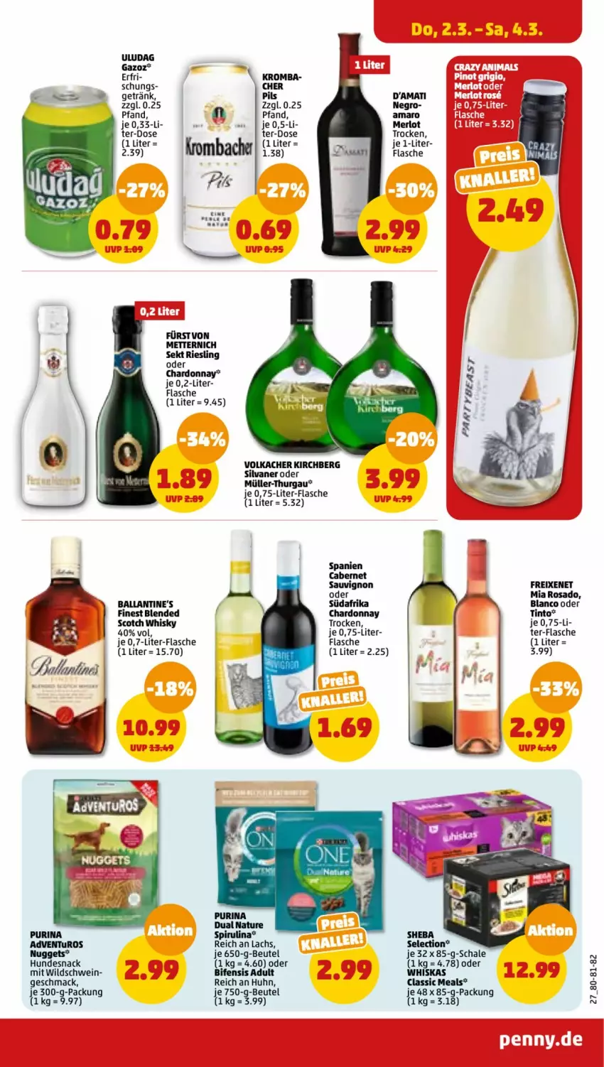 Aktueller Prospekt Penny - Prospekte - von 27.02 bis 04.03.2023 - strona 27 - produkty: amaro, ball, Ballantine's, beutel, blended scotch, blended scotch whisky, cabernet, cabernet sauvignon, chardonnay, flasche, freixenet, getränk, hundesnack, lachs, mac, merl, merlot, Mett, metternich, Müller, Müller-Thurgau, natur, nuggets, pils, purina, riesling, sauvignon, Schal, Schale, schwein, scotch, scotch whisky, sekt, silvaner, snack, Ti, wein, whiskas, whisky, Wild, Wildschwein