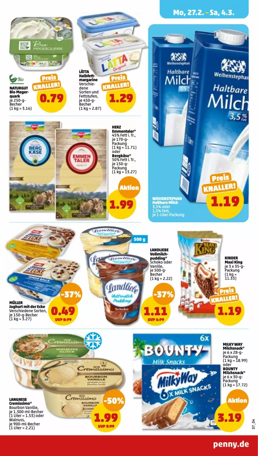 Aktueller Prospekt Penny - Prospekte - von 27.02 bis 04.03.2023 - strona 7 - produkty: Becher, Bergkäse, bio, bounty, bourbon, bourbon vanille, cremissimo, emmentaler, haltbare milch, joghur, joghurt, joghurt mit der ecke, Käse, Kinder, landliebe, langnese, lätta, margarine, milch, milky way, Müller, natur, nuss, pudding, quark, schoko, sim, snack, vanille, vollmilch, walnuss