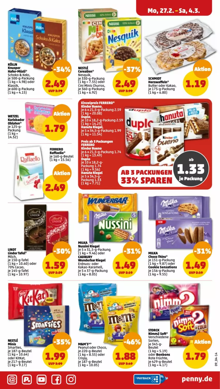 Aktueller Prospekt Penny - Prospekte - von 27.02 bis 04.03.2023 - strona 9 - produkty: Bad, beutel, bonbons, butter, cin, cookie, erdnuss, ferrero, früchte, kakao, karamell, keks, kitkat, lindor, lindt, milch, milka, nesquik, nuss, Oblaten, payback, raffaello, riegel, schoko, sensations, smarties, storck, Ti, waffeln