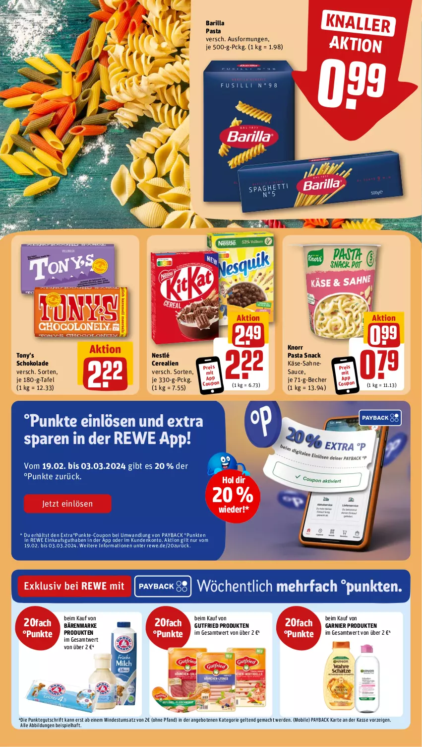 Aktueller Prospekt Rewe - Prospekte - von 19.02 bis 24.02.2024 - strona 14 - produkty: angebot, angebote, bärenmarke, barilla, Becher, cerealien, coupon, eis, erde, garnier, gutfried, Käse, knorr, knorr pasta, mac, nestlé, pasta, pasta snack, payback, reis, sahne, sauce, schoko, schokolade, snack, Ti