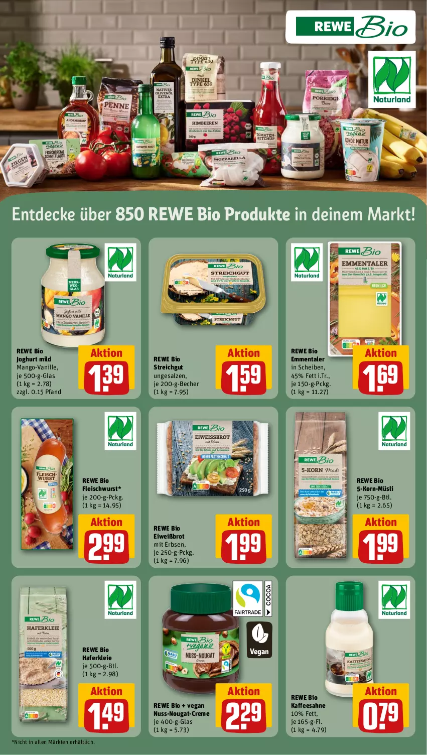 Aktueller Prospekt Rewe - Prospekte - von 19.02 bis 24.02.2024 - strona 15 - produkty: Becher, bio, brot, creme, decke, eis, Eiweißbrot, emmentaler, erbsen, fleisch, fleischwurst, hafer, joghur, joghurt, joghurt mild, kaffee, korn, mango, müsli, nuss, nuss-nougat-creme, rewe bio, sahne, salz, Ti, vanille, wurst