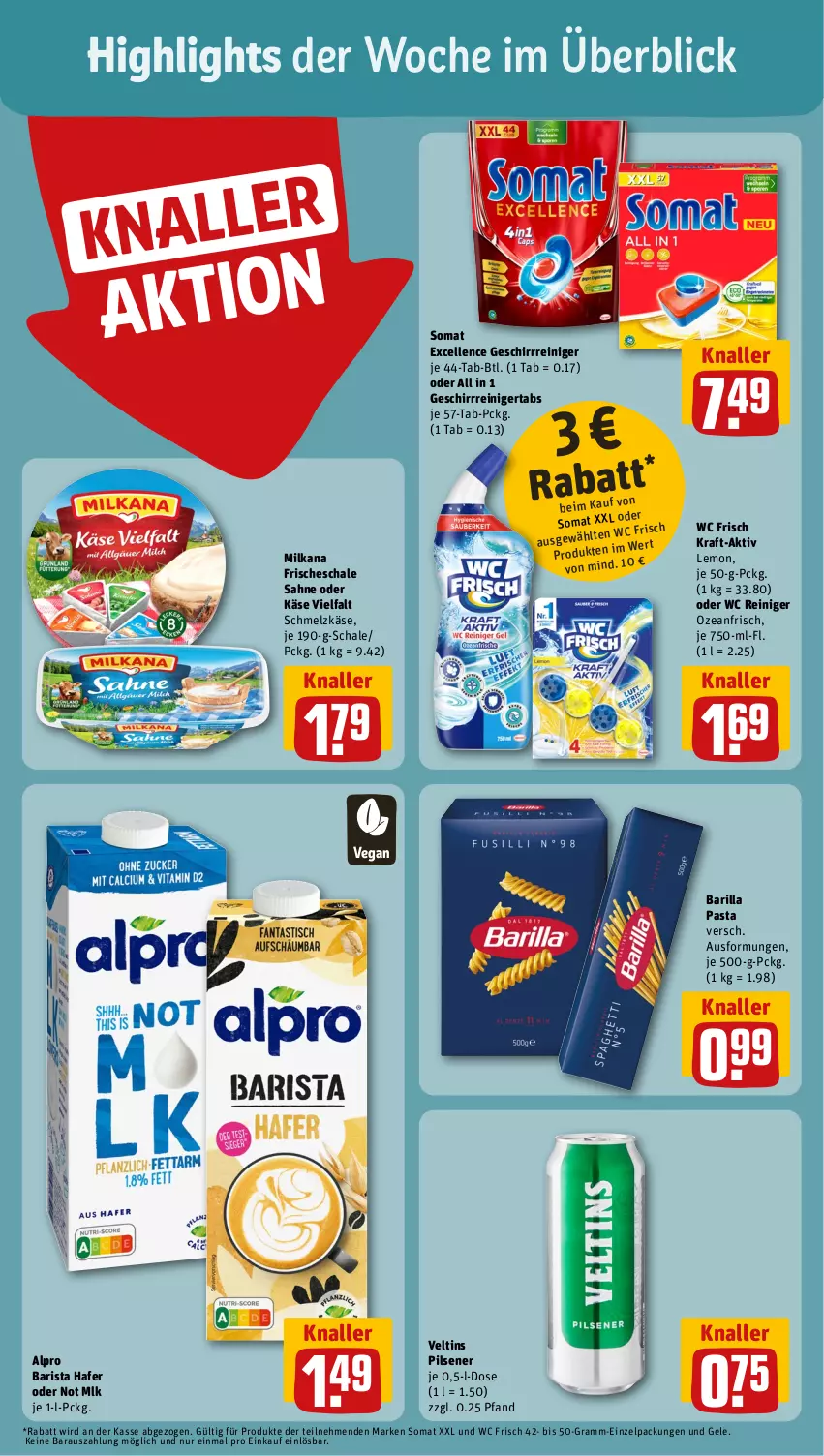 Aktueller Prospekt Rewe - Prospekte - von 19.02 bis 24.02.2024 - strona 2 - produkty: alpro, barilla, elle, geschirr, hafer, Käse, käse vielfalt, kraft, milka, milkana, pasta, pils, pilsener, reiniger, sahne, Schal, Schale, Schmelzkäse, somat, Ti, veltins, veltins pilsener, wc frisch