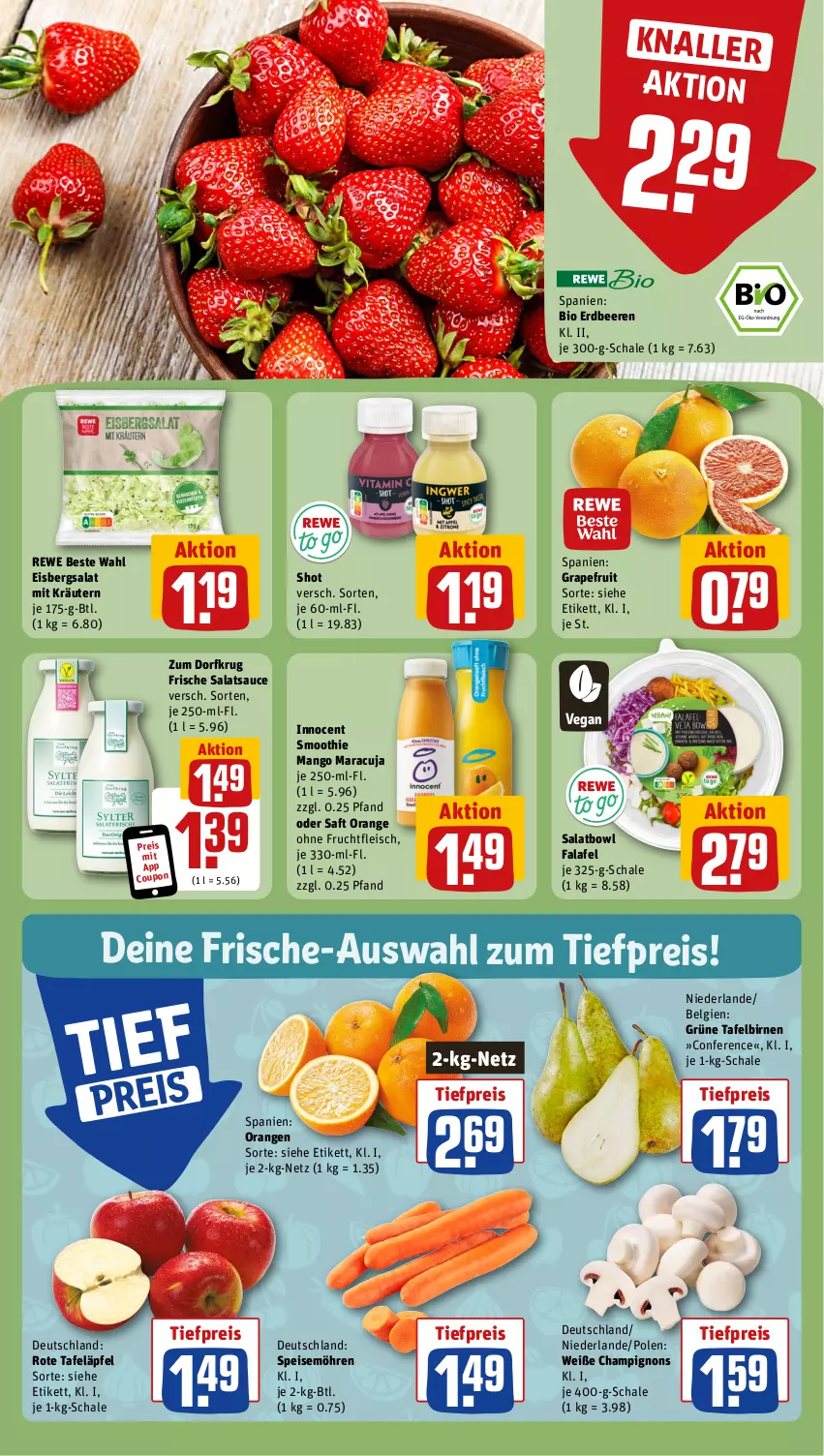 Aktueller Prospekt Rewe - Prospekte - von 19.02 bis 24.02.2024 - strona 6 - produkty: beere, beeren, bio, Birnen, champignon, champignons, coupon, eis, eisbergsalat, erdbeere, erdbeeren, Falafel, fleisch, frucht, fruchtfleisch, grapefruit, Innocent, kräuter, kräutern, LG, mango, maracuja, möhren, orange, orangen, reis, rewe beste wahl, rote tafeläpfel, saft, salat, salatsauce, sauce, Schal, Schale, smoothie, speisemöhren, tafeläpfel, tafelbirnen, Ti, tiefpreis, Zum Dorfkrug