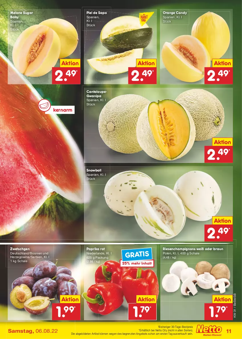 Aktueller Prospekt Netto Marken-Discount - Filial-Angebote - von 01.08 bis 06.08.2022 - strona 11 - produkty: angebot, ball, bestpreis, braun, champignon, champignons, eis, melone, orange, paprika, paprika rot, reis, Schal, Schale, Ti, ZTE