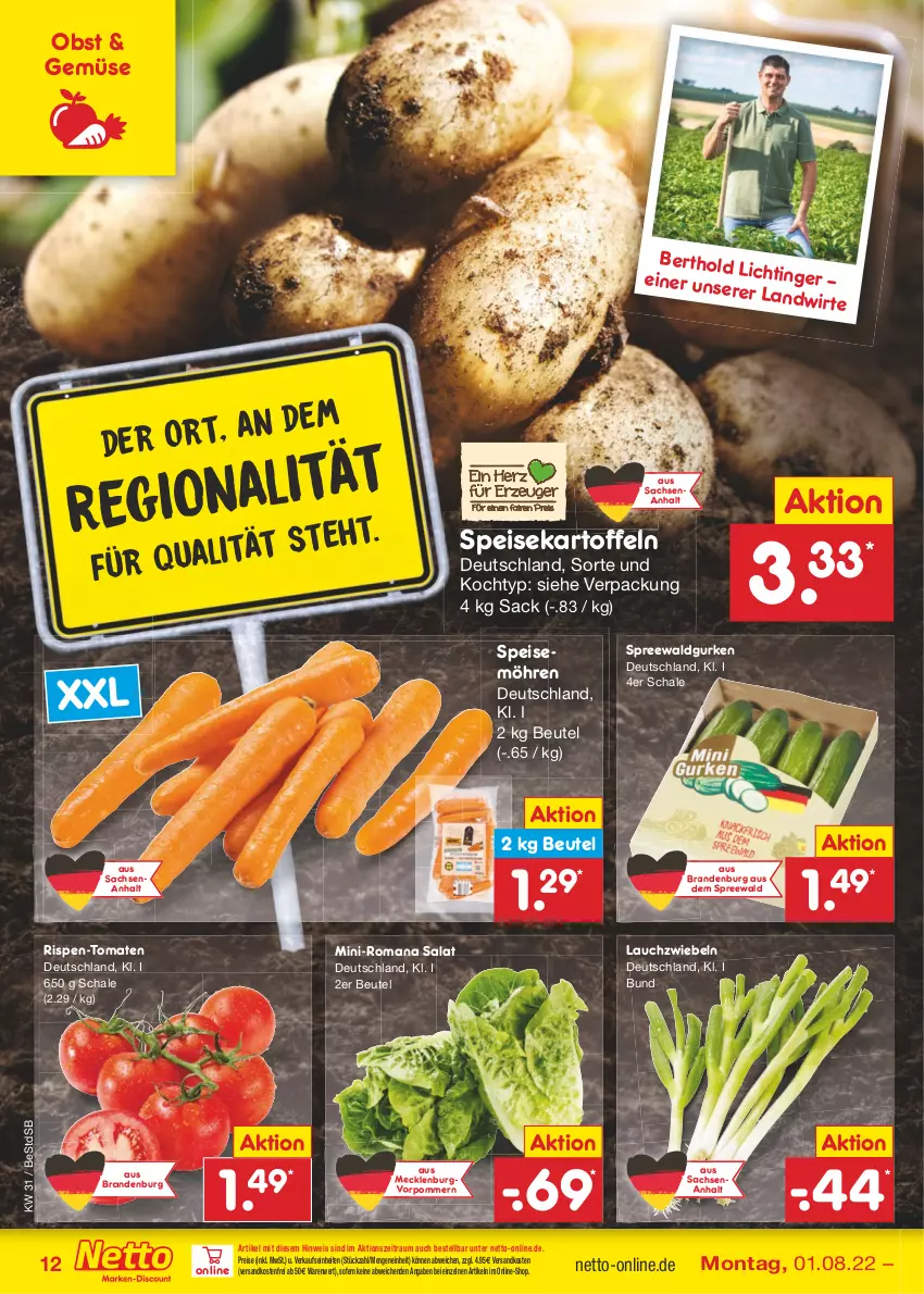 Aktueller Prospekt Netto Marken-Discount - Filial-Angebote - von 01.08 bis 06.08.2022 - strona 12 - produkty: beutel, eis, gurke, gurken, kartoffel, kartoffeln, Lauchzwiebel, lauchzwiebeln, möhren, ndk, obst, reis, sac, salat, Schal, Schale, speisekartoffeln, speisemöhren, Ti, tomate, tomaten, versandkostenfrei, zwiebel, zwiebeln