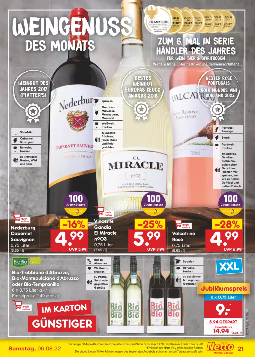 Aktueller Prospekt Netto Marken-Discount - Filial-Angebote - von 01.08 bis 06.08.2022 - strona 21 - produkty: angebot, auer, bestpreis, bier, bio, braten, cabernet, cabernet sauvignon, dauertiefpreis, eis, elle, ente, fisch, fleisch, früchte, früchten, Geflügel, grill, Jubiläums, jubiläumspreis, Käse, kirsch, latte, lichtenauer, mac, meeresfrüchte, monte, Montepulciano, nederburg, nordbrand, nuss, pasta, pfeffer, reis, roséwein, rotwein, salat, salate, sauvignon, spirituosen, tempranillo, Ti, tiefpreis, tisch, vorspeise, wein, weine, Weißwein, Wild, ZTE