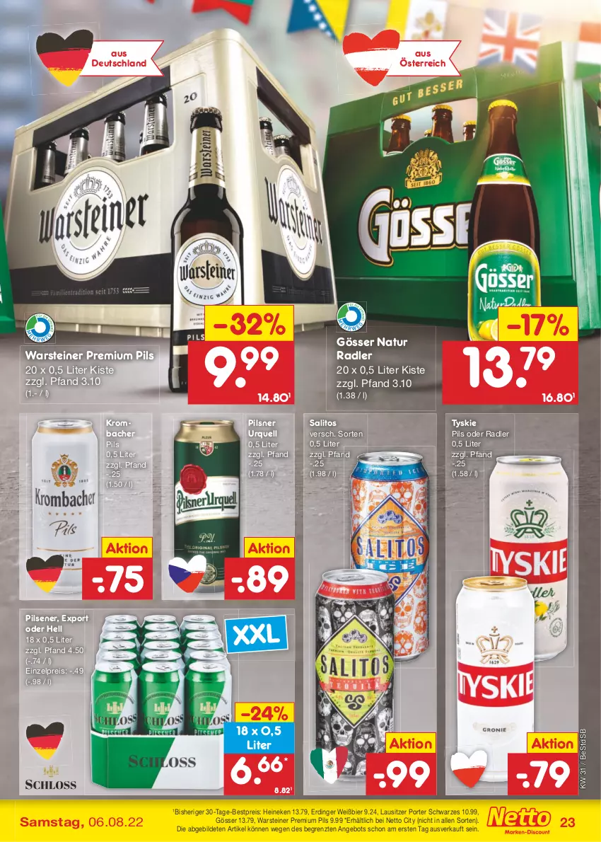 Aktueller Prospekt Netto Marken-Discount - Filial-Angebote - von 01.08 bis 06.08.2022 - strona 23 - produkty: angebot, bestpreis, bier, eis, erdinger, gösser, heineken, krombache, krombacher, krombacher pils, natur, natur radler, oder radler, pils, pilsener, pilsner, pilsner urquell, premium pils, radler, reis, steiner, Ti, tyskie, warsteiner, ZTE