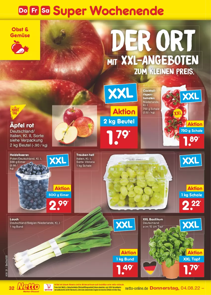 Aktueller Prospekt Netto Marken-Discount - Filial-Angebote - von 01.08 bis 06.08.2022 - strona 32 - produkty: angebot, angebote, basilikum, beere, beeren, beutel, cocktail, eimer, eis, heidelbeere, heidelbeeren, leine, LG, ndk, obst, reis, Ria, rispentomaten, Schal, Schale, Ti, tomate, tomaten, topf, trauben, versandkostenfrei