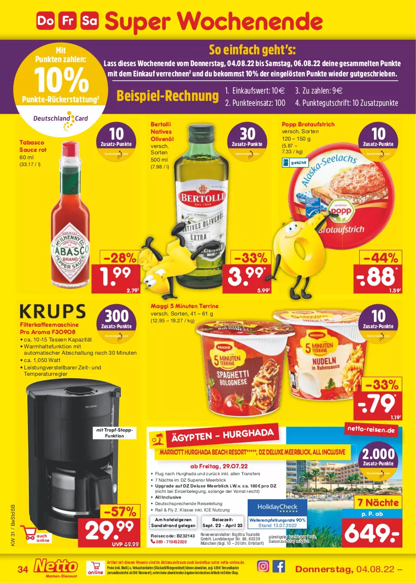 Aktueller Prospekt Netto Marken-Discount - Filial-Angebote - von 01.08 bis 06.08.2022 - strona 34 - produkty: aufstrich, auto, beko, Berger, bertolli, brot, brotaufstrich, buch, eis, filterkaffee, kaffee, kaffeemaschine, maggi, natives olivenöl, ndk, olive, oliven, olivenöl, Popp, pril, reis, reiseveranstalter, sauce, Schal, tabasco, tasse, tee, terrine, Ti, tisch, uhr, versandkostenfrei