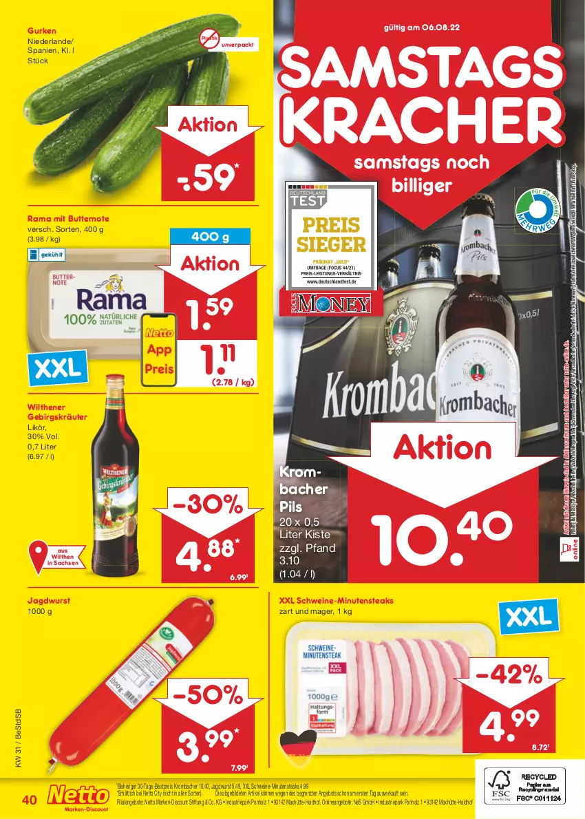 Aktueller Prospekt Netto Marken-Discount - Filial-Angebote - von 01.08 bis 06.08.2022 - strona 40 - produkty: angebot, angebote, asti, bestpreis, butter, discount, eis, gurke, gurken, Holz, jagdwurst, kracher, kräuter, krombache, krombacher, krombacher pils, likör, marken-discount, minutensteaks, ndk, pils, rama, reis, sac, schwein, schweine, steak, steaks, Ti, versandkostenfrei, wein, weine, wilthener, wurst, ZTE