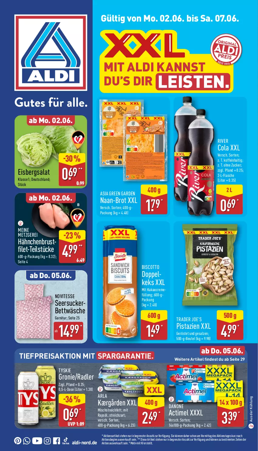 Aktueller Prospekt Aldi Nord - Von Montag - von 02.06 bis 07.06.2025 - strona 1 - produkty: actimel, aldi, arla, Asia Green Garden, bett, bettwäsche, beutel, biscotto, brot, cola, creme, danone, eis, eisbergsalat, filet, flasche, garnitur, gin, hähnchenbrust, Kærgården, kakao, keks, pistazien, radler, rapsöl, reis, salat, salz, seersucker, Streichzart, Ti, tiefpreis, tyskie, ZTE, zucker