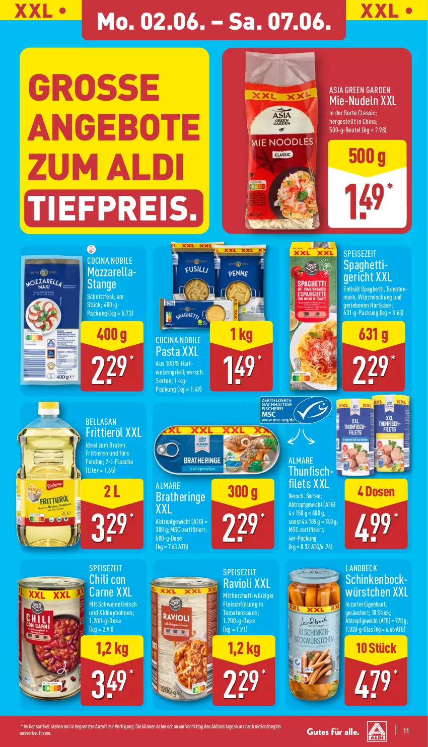 Aktueller Prospekt Aldi Nord - Von Montag - von 02.06 bis 07.06.2025 - strona 11 - produkty: aldi, almare, angebot, angebote, Asia Green Garden, beutel, bohne, bohnen, braten, Bratheringe, chili, cin, eis, filet, filets, fisch, flasche, fleisch, Fondue, Frittieröl, gin, hartkäse, hartweizen, hering, Käse, kidney, mozzarella, nudel, nudeln, pasta, ravioli, reis, rel, ring, sauce, schinken, schwein, schweine, schweinefleisch, spaghetti, thunfisch, Ti, tiefpreis, Tiere, tomate, tomaten, tomatenmark, tomatensauce, wein, weine, würstchen, ZTE