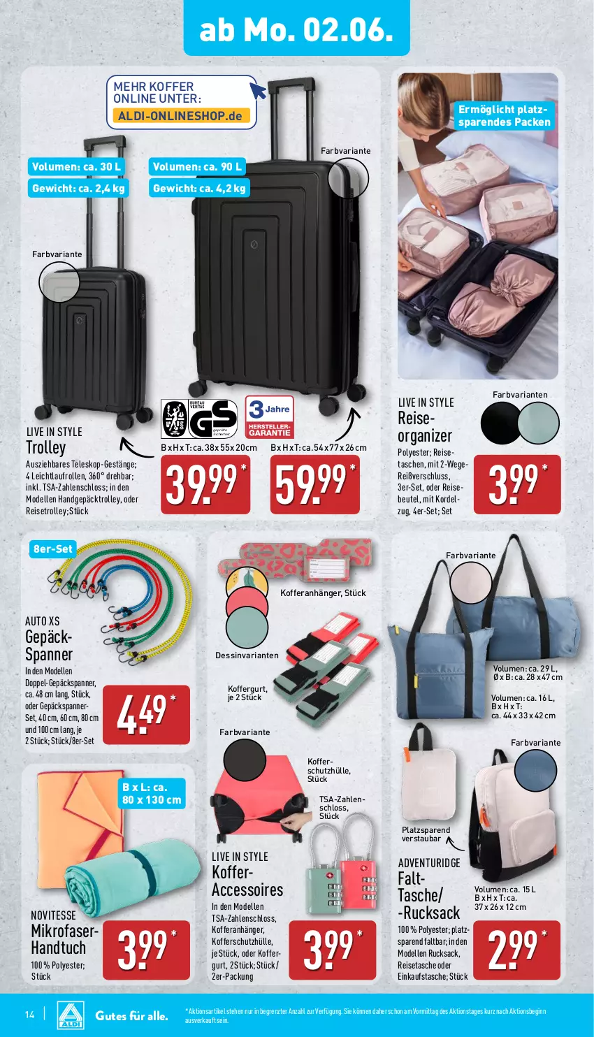 Aktueller Prospekt Aldi Nord - Von Montag - von 02.06 bis 07.06.2025 - strona 14 - produkty: ACC, accessoires, aldi, Anhänger, auto, beutel, dell, Einkaufstasche, eis, elle, gin, handtuch, koffer, mikrofaser, Mode, reis, reisetasche, reisetrolley, Ria, rucksack, sac, schutzhülle, Tasche, taschen, Teleskop, Ti, trolley, tuc, ZTE