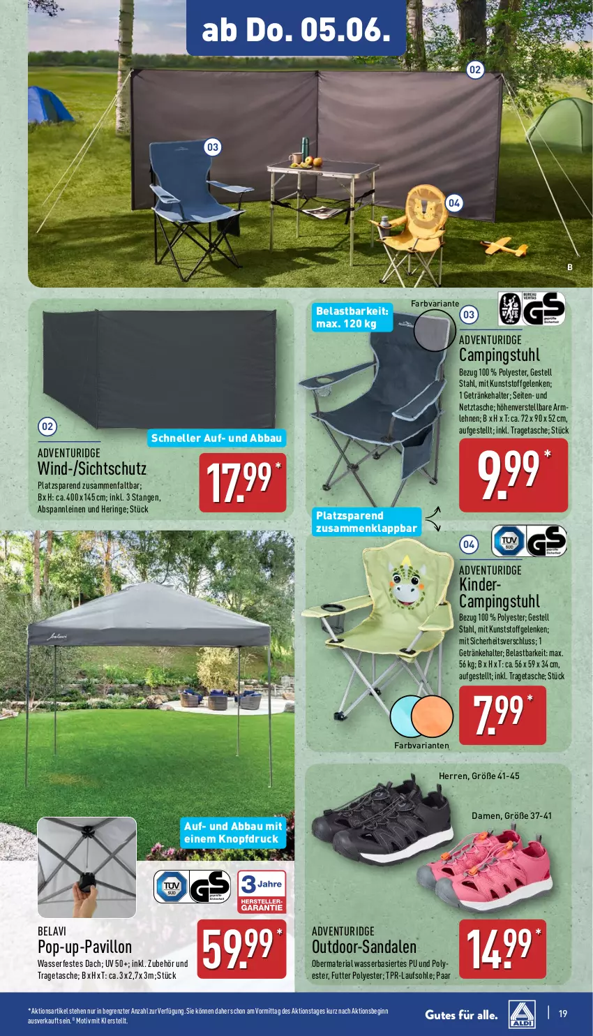 Aktueller Prospekt Aldi Nord - Von Montag - von 02.06 bis 07.06.2025 - strona 19 - produkty: Abba, armlehnen, Bau, campingstuhl, elle, getränk, getränke, getränkehalter, gin, hering, Kinder, leine, pavillon, Ria, ring, sandale, sandalen, stuhl, Tasche, Ti, tragetasche, wasser, ZTE