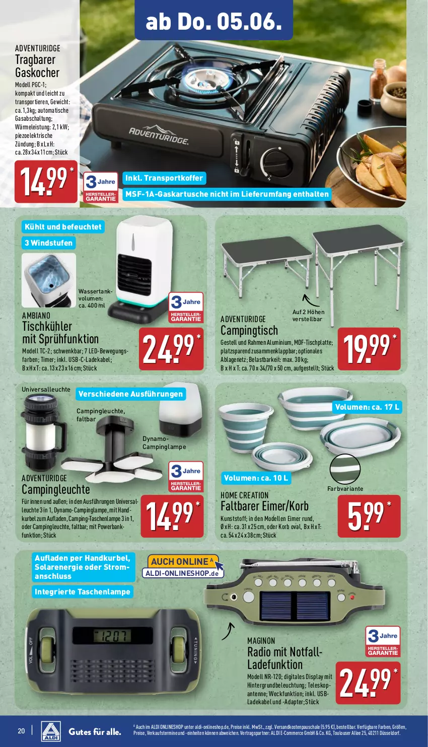 Aktueller Prospekt Aldi Nord - Von Montag - von 02.06 bis 07.06.2025 - strona 20 - produkty: adapter, aldi, ambia, auto, Bank, beleuchtung, Campingtisch, deka, dell, eimer, eis, elle, gin, Kocher, koffer, korb, ladekabel, Lampe, latte, Leuchte, Mode, ndk, powerbank, Radio, reis, Ria, rum, Schal, Schale, Sport, Tasche, taschen, taschenlampe, Teleskop, Ti, Tiere, timer, tisch, usb, wasser, wassertank, weck