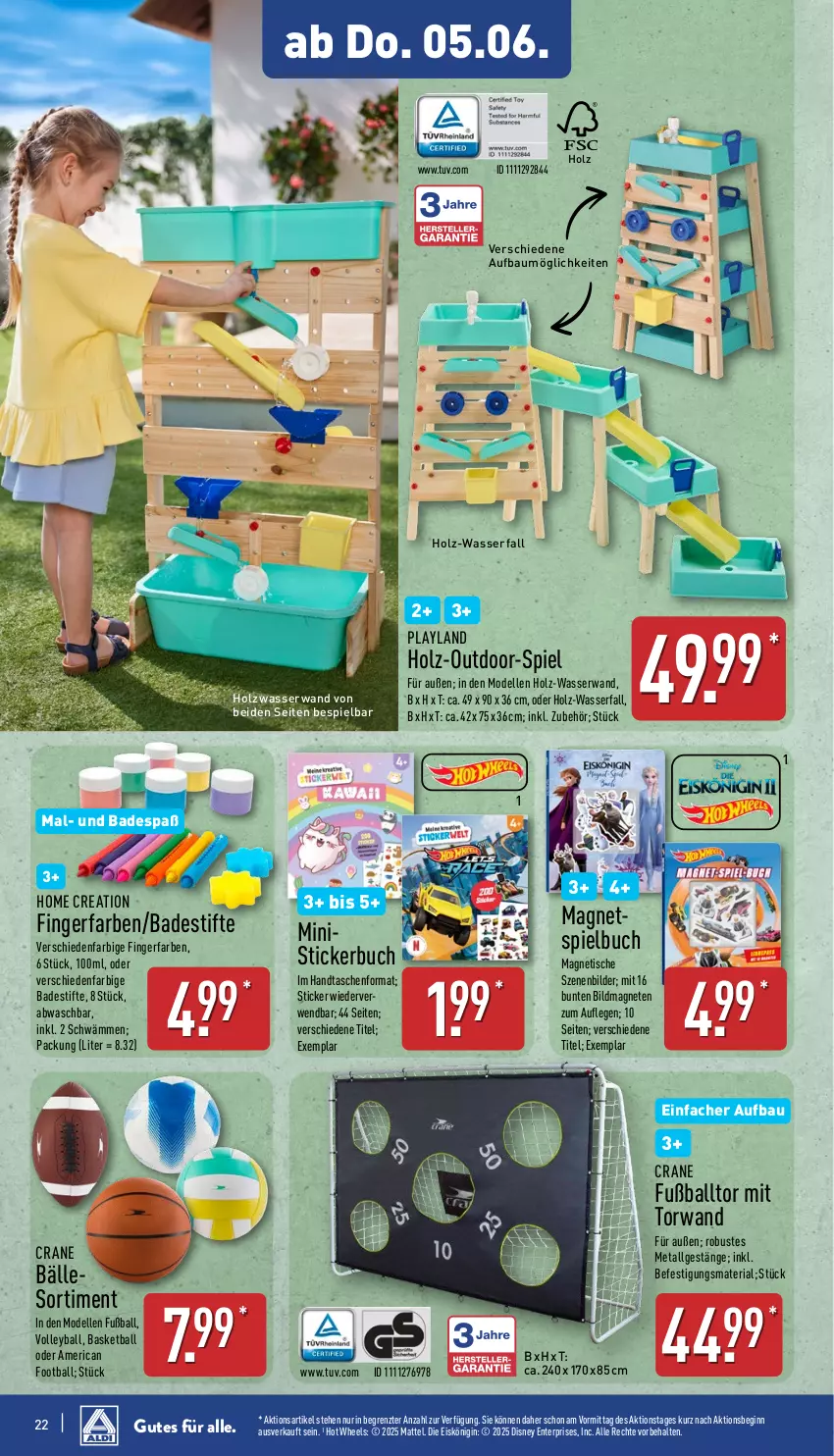 Aktueller Prospekt Aldi Nord - Von Montag - von 02.06 bis 07.06.2025 - strona 22 - produkty: Bad, ball, Bau, buch, dell, disney, eis, Eiskönigin, elle, ente, Fußball, gin, Handtasche, Holz, LG, Mattel, Mode, Ria, rwe, Stickerbuch, stifte, Tasche, taschen, Ti, tisch, wasser, ZTE