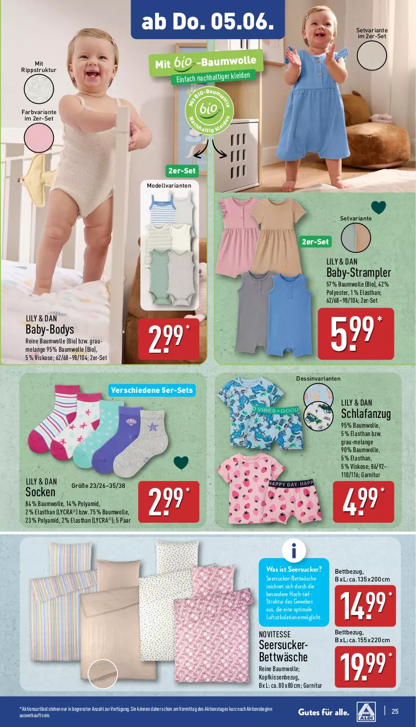 Aktueller Prospekt Aldi Nord - Von Montag - von 02.06 bis 07.06.2025 - strona 25 - produkty: Anzug, Bau, baumwolle, bett, bettwäsche, bio, body, dell, Elan, garnitur, gin, kissen, Kissenbezug, kopfkissen, kopfkissenbezug, Mode, Ria, Schlafanzug, seersucker, Seersucker-Bettwäsche, socken, Strampler, Ti, wolle, ZTE