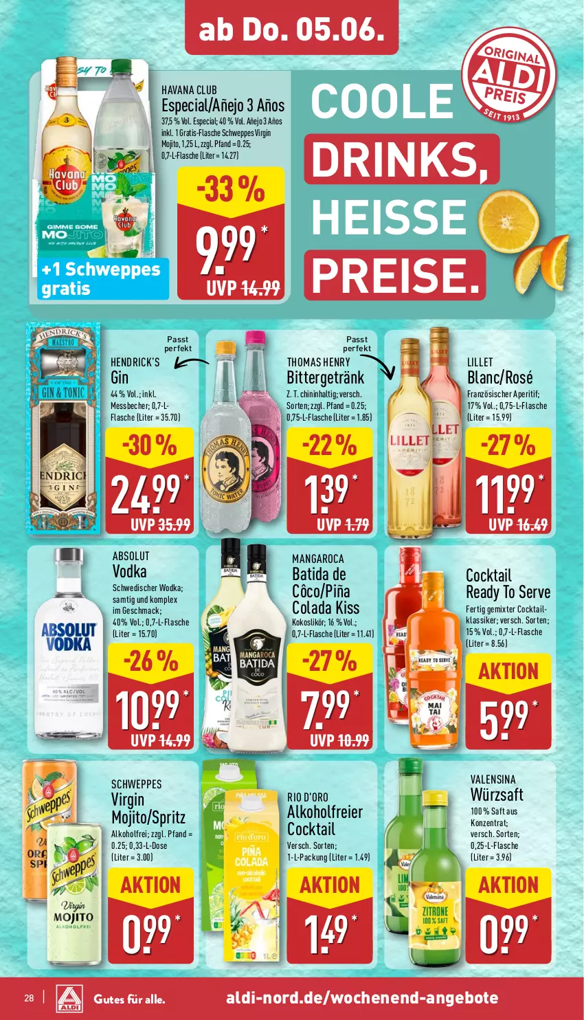 Aktueller Prospekt Aldi Nord - Von Montag - von 02.06 bis 07.06.2025 - strona 28 - produkty: aldi, alkohol, angebot, angebote, aperitif, batida, Becher, cocktail, cola, d'oro, drink, drinks, eier, eis, flasche, getränk, gin, kokos, likör, lillet, mac, mangaroca, Messbecher, mojito, reis, saft, schweppes, thomas henry, Ti, valensina, vodka, wodka