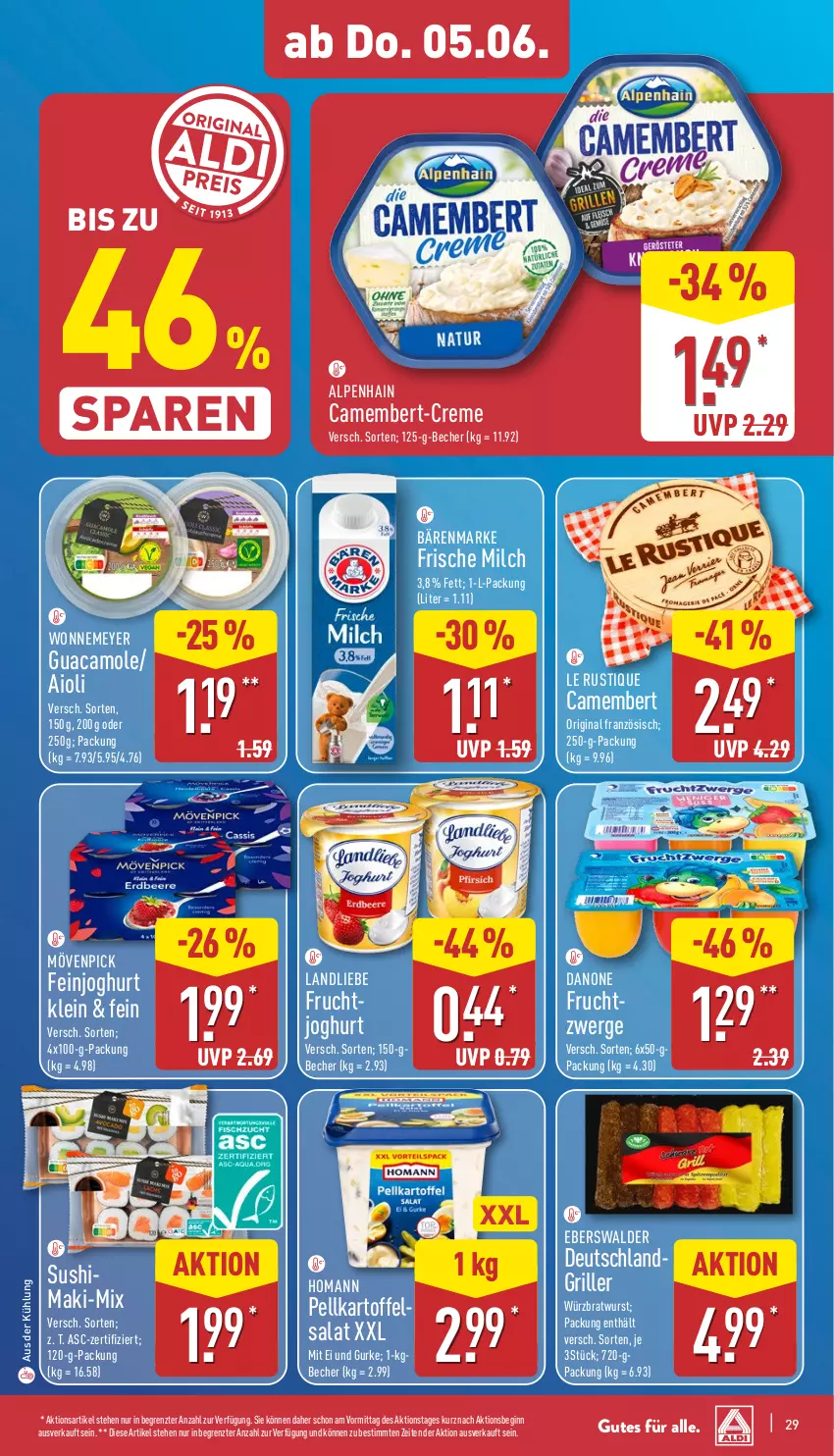 Aktueller Prospekt Aldi Nord - Von Montag - von 02.06 bis 07.06.2025 - strona 29 - produkty: aioli, aldi, Alpenhain, bärenmarke, Becher, bratwurst, camembert, creme, danone, danone fruchtzwerge, eis, feinjoghurt, frucht, fruchtjoghurt, fruchtzwerge, gin, grill, guacamole, gurke, homann, joghur, joghurt, kartoffel, landliebe, milch, mövenpick, reis, salat, Sushi, Ti, wurst, ZTE