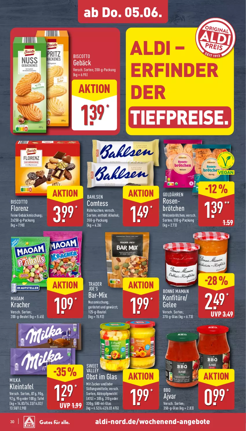 Aktueller Prospekt Aldi Nord - Von Montag - von 02.06 bis 07.06.2025 - strona 30 - produkty: Ajvar, aldi, alkohol, angebot, angebote, bahlsen, beutel, biscotto, bonne maman, brötchen, comtess, eis, elle, gebäckmischung, gelee, gewürz, konfitüre, kracher, kuchen, lorenz, mam, maoam, milka, nuss, obst, reis, rosen, teller, Ti, tiefpreis, weizenbrötchen, zucker