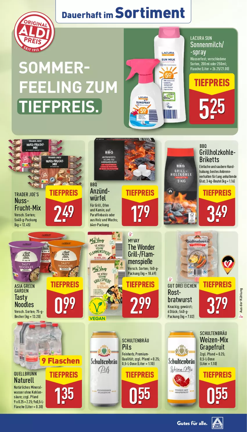 Aktueller Prospekt Aldi Nord - Von Montag - von 02.06 bis 07.06.2025 - strona 38 - produkty: Asia Green Garden, auer, Becher, beutel, bratwurst, briketts, eis, flasche, frucht, gewürz, grapefruit, grill, grillholzkohle, Holz, holzkohle, Kamin, milch, natur, nuss, Ofen, pils, Quellbrunn, reis, rel, sonnenmilch, Ti, tiefpreis, wasser, würfel, wurst