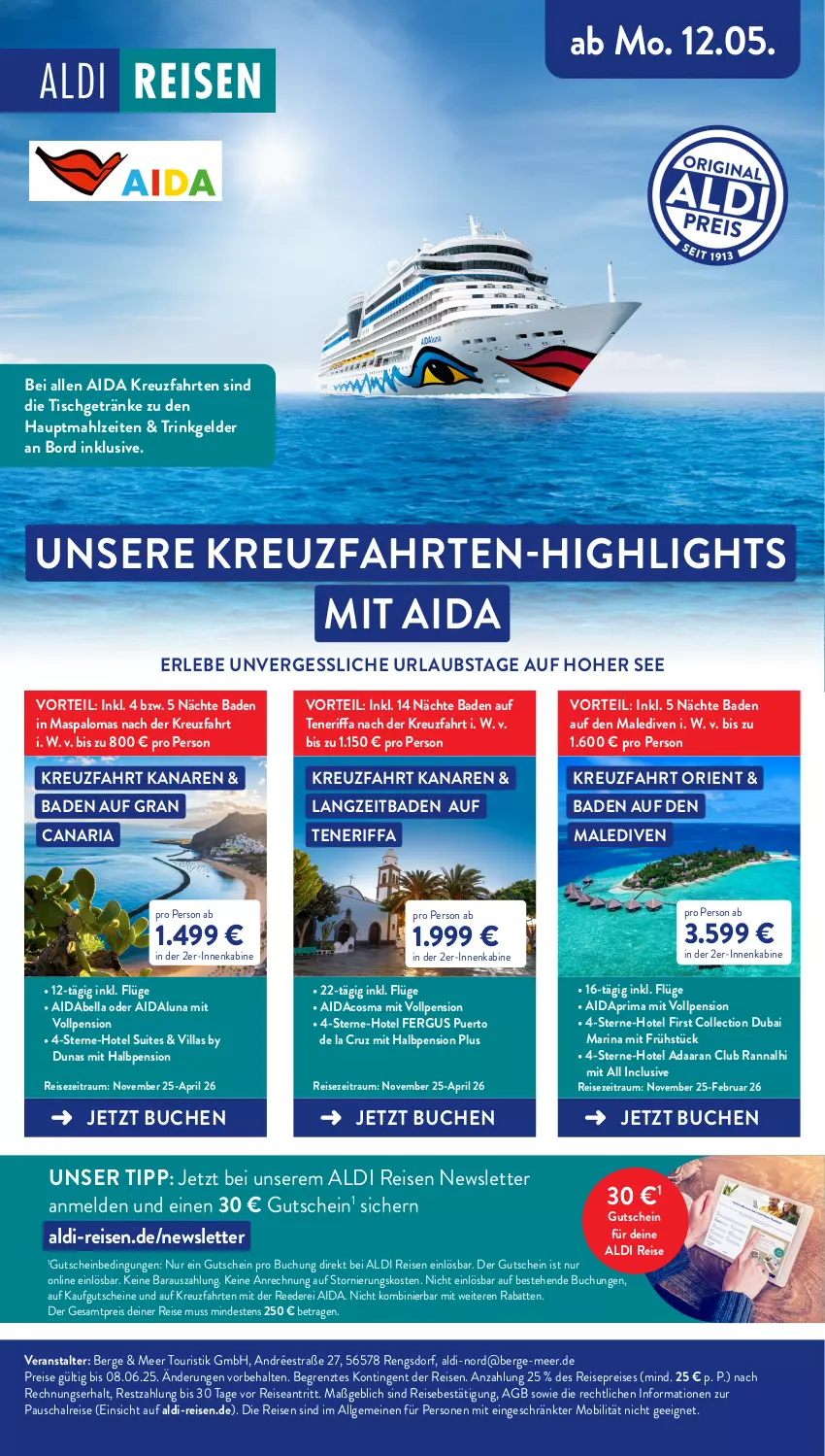 Aktueller Prospekt Aldi Nord - Von Montag - von 02.06 bis 07.06.2025 - strona 43 - produkty: aldi, Bad, buch, eis, getränk, getränke, gutschein, gutscheine, kreuzfahrten, LG, pril, reis, Ria, Schal, Ti, tisch, ZTE