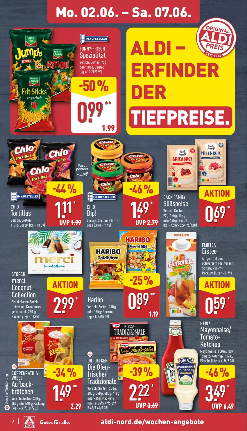 Aktueller Prospekt Aldi Nord - Von Montag - von 02.06 bis 07.06.2025 - strona 6 - produkty: aldi, angebot, angebote, aus der tiefkühlung, beutel, brötchen, coconut, coppenrath, dip, eis, eistee, elle, flasche, funny-frisch, haribo, heinz, ketchup, kokos, LG, mac, mayonnaise, merci, nuss, Ofen, reis, schoko, schokolade, schokoladen, Spezi, storck, tee, teller, Ti, tiefpreis, tortilla, tortillas, tradizionale, Yo