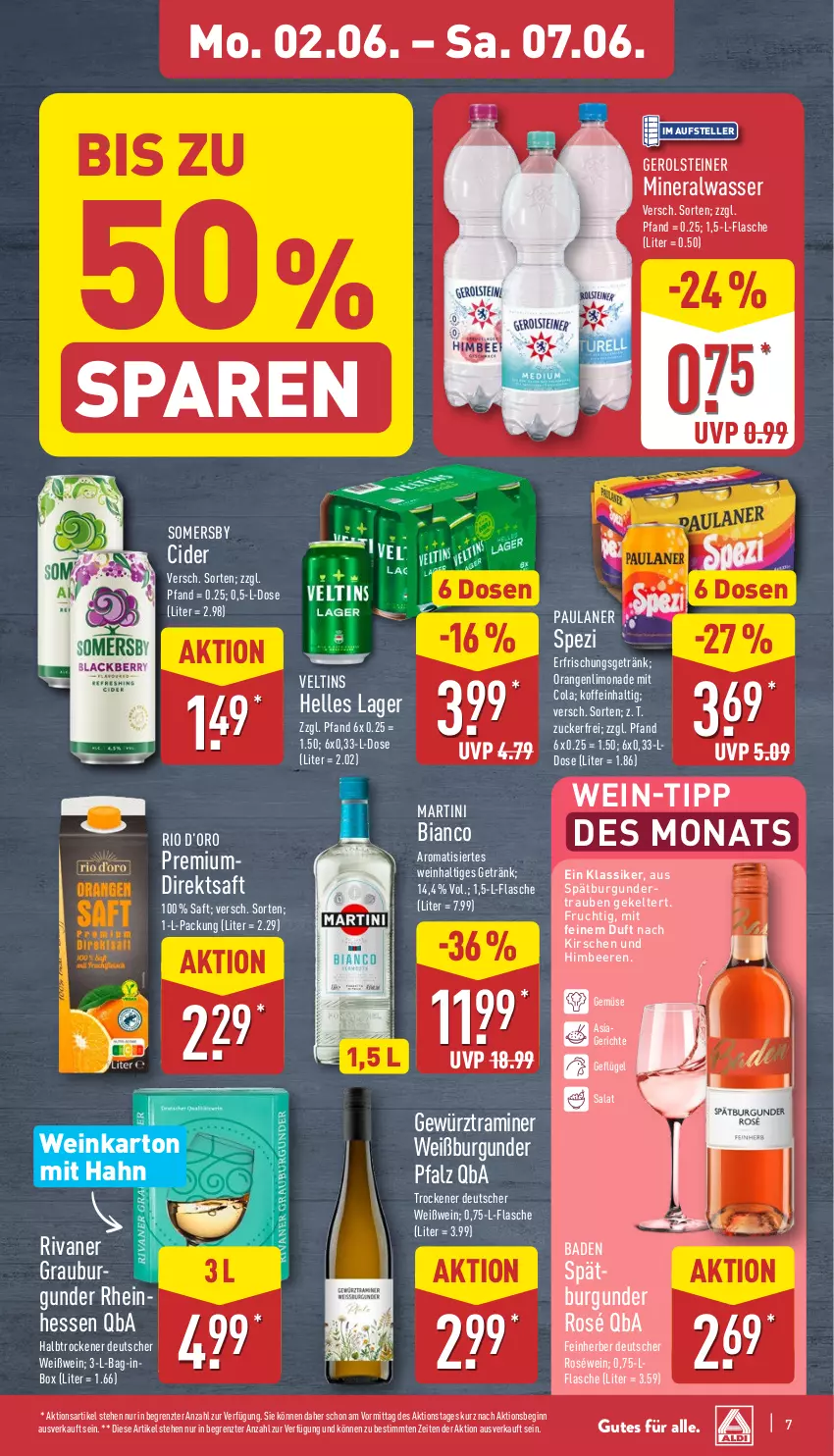 Aktueller Prospekt Aldi Nord - Von Montag - von 02.06 bis 07.06.2025 - strona 7 - produkty: Alwa, Bad, beere, beeren, burgunder, cider, cola, direktsaft, elle, erfrischungsgetränk, flasche, frucht, Geflügel, gerolsteine, gerolsteiner, getränk, gewürz, gin, himbeer, himbeere, himbeeren, kirsch, kirsche, kirschen, limo, limonade, martini, mineralwasser, orange, orangen, Paula, paulaner, Rivaner, roséwein, saft, salat, somersby, spätburgunder, Spezi, steiner, teller, Ti, trauben, veltins, wasser, wein, Weißburgunder, Weißwein, ZTE, zucker