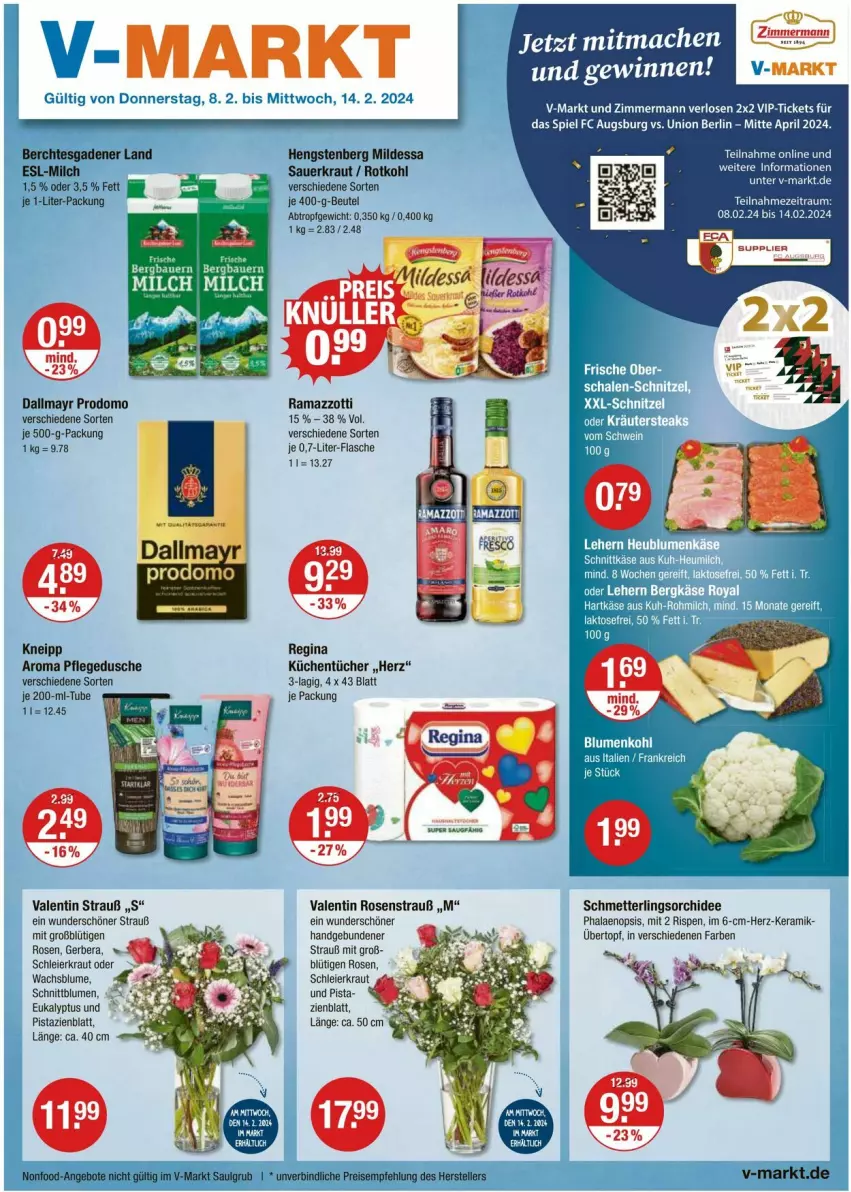 Aktueller Prospekt Vmarkt - Prospekte - von 08.02 bis 14.02.2024 - strona 1 - produkty: auer, beutel, blume, blumen, blumenkohl, dallmayr, dallmayr prodomo, dusche, eier, flasche, Gerber, gin, hartkäse, Heu, heumilch, Käse, kneipp, Kraut, kräuter, küche, Küchen, küchentücher, Mett, milch, oder kräuter, orchidee, pflegedusche, phalaenopsis, pistazien, pril, prodomo, rama, ramazzott, ramazzotti, rosen, Rosenstrauß, rotkohl, Sauerkraut, Schal, Schale, Schmetterling, schmetterlingsorchidee, schnittkäse, schnitzel, tee, Ti, topf, tücher, übertopf, zott