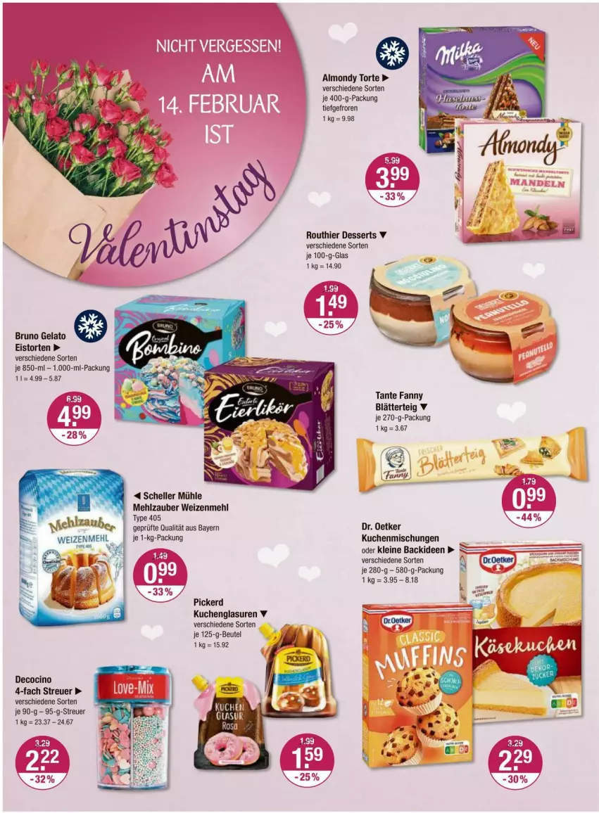 Aktueller Prospekt Vmarkt - Prospekte - von 08.02 bis 14.02.2024 - strona 14 - produkty: beutel, blätterteig, bruno gelato, cin, dessert, desserts, Dr. Oetker, droetker, eis, elle, kuchen, leine, mehl, tante fanny, Ti, torte, type 405, weizenmehl