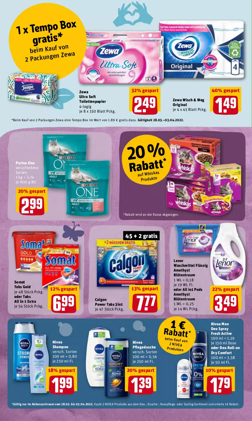 Aktueller Prospekt Rewe - REWE Ihr Kaufpark - von 28.03 bis 02.04.2022 - strona 18 - produkty: Blüte, calgon, deo, deo roll-on, deo spray, dusche, gin, haarpflege, lenor, lenor waschmittel, LG, nivea, Nivea Men, oder deo roll-on, papier, pflegedusche, Pods, purina, roll-on, shampoo, somat, Tempo, Ti, toilettenpapier, waschmittel, zewa