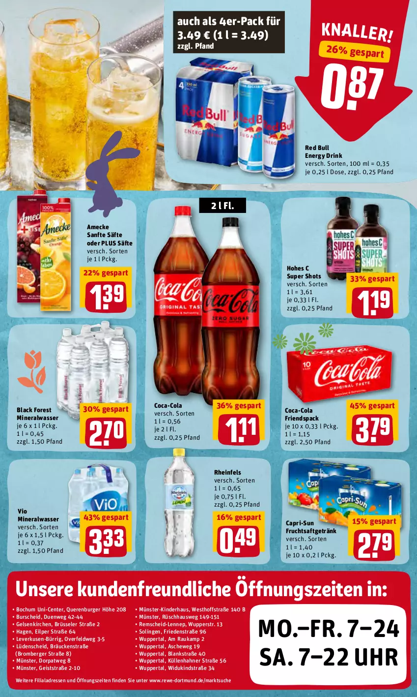 Aktueller Prospekt Rewe - REWE Ihr Kaufpark - von 28.03 bis 02.04.2022 - strona 21 - produkty: Alwa, amecke, Berger, bio, black forest, burger, Cap, capri-sun, coca-cola, cola, drink, eis, energy drink, ente, frucht, fruchtsaft, fruchtsaftgetränk, getränk, Hohes C, Kinder, lack, mineralwasser, red bull, reis, saft, säfte, Ti, uhr, wasser