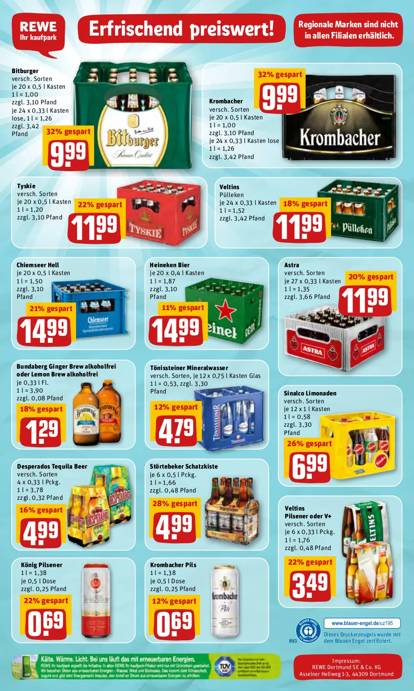 Aktueller Prospekt Rewe - REWE Ihr Kaufpark - von 28.03 bis 02.04.2022 - strona 24 - produkty: alkohol, Alwa, Astra, bier, bitburger, Bundaberg, burger, desperados, drucker, eis, Engel, gin, ginger, heineken, kerze, könig pilsener, krombache, krombacher, krombacher pils, limo, limonade, limonaden, mineralwasser, pils, pilsener, reis, sinalco, steiner, störtebeker, tequila, Ti, tyskie, veltins, veltins pilsener, wasser