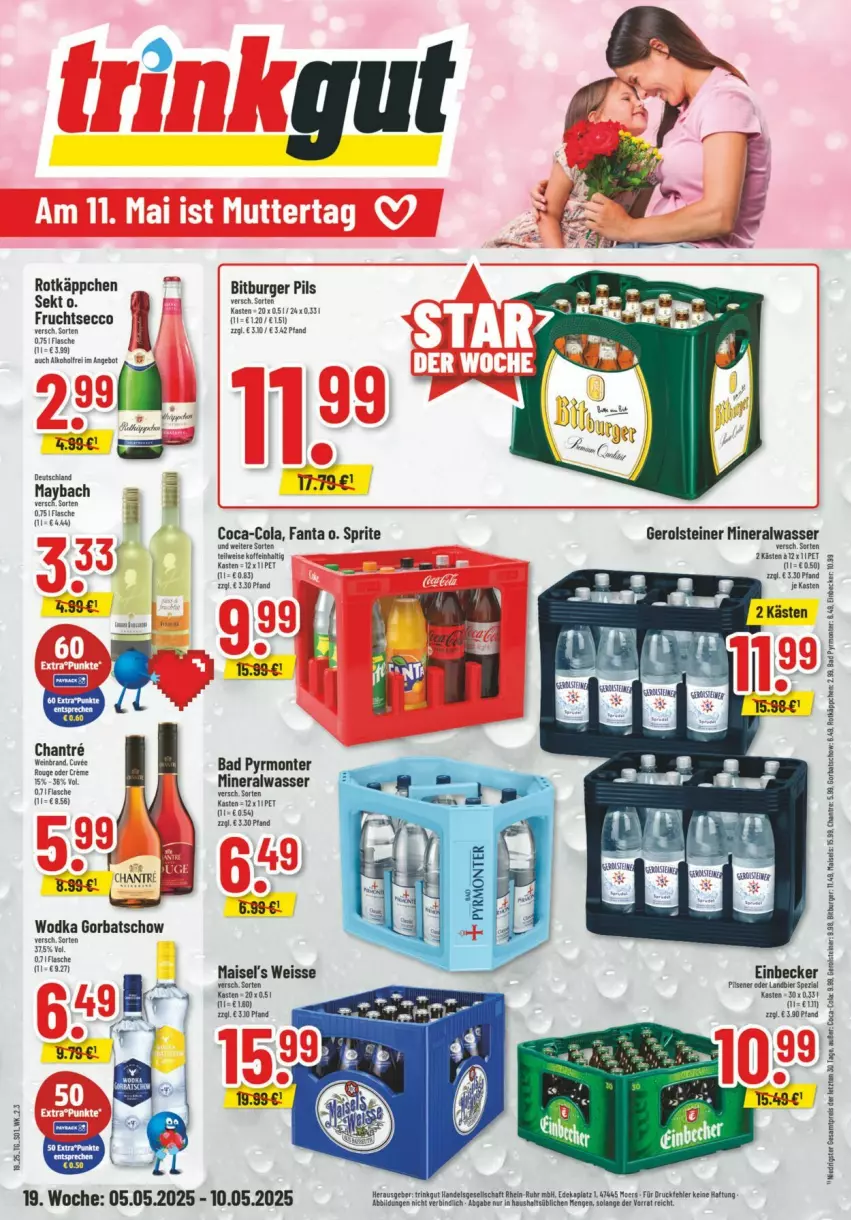 Aktueller Prospekt Trinkgut - Prospekte - von 04.05 bis 10.05.2025 - strona 1 - produkty: Alwa, Bad, bitburger, bitburger pils, burger, coca-cola, cola, ecco, eis, fanta, flasche, frucht, fruchtsecco, gerolsteine, gerolsteiner, Gorbatschow, mais, mineralwasser, monte, pils, reis, rotkäppchen, sekt, sprite, steiner, tee, uhr, wasser, wein, weinbrand, wodka, ZTE